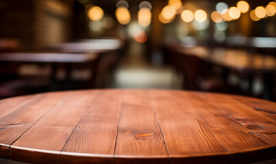 empty wood table for product display in blur background of restaurant at Empty beautiful wood table top counter and blur bokeh modern kitchen interior in clean and bright Banner Ready for p