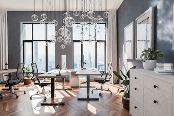 luxurious loft apartment with floor-to-ceiling windows and panoramic view; modern minimalistic...