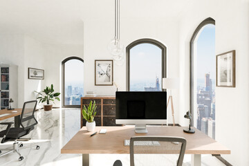 luxurious loft apartment with floor-to-ceiling windows and panoramic view; modern minimalistic...