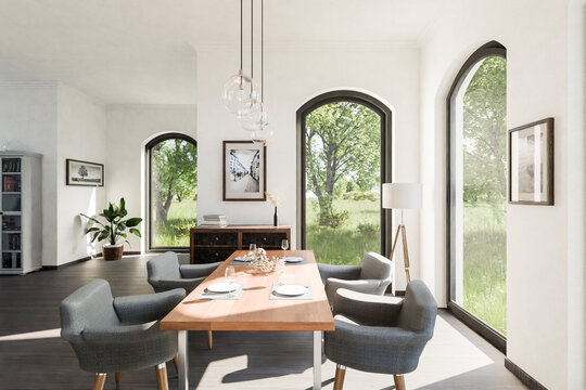 luxurious loft apartment with floor-to-ceiling windows and panoramic view; modern minimalistic interior design of living room and dining room area; bright daylight; 3D rendering