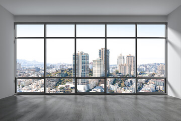 Empty room Interior Skyscrapers View Cityscape. Downtown San Francisco City Skyline Buildings from High Rise Window. Beautiful California Real Estate. Day time. 3d rendering. - obrazy, fototapety, plakaty
