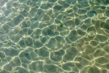 Clean transparent sea water, lake bottom and sand. Beautiful blue, turquoise transparent surface
