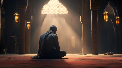 Ramadan Kareem, A Muslim Man Praying In Mosque, Ramadan, Islamic Background, Realistic, Religious Concept, Generative Ai