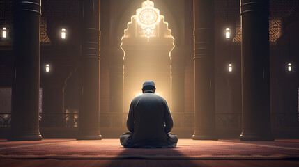 Ramadan Kareem, A Muslim Man Praying In Mosque, Ramadan, Islamic Background, Realistic, Religious Concept, Generative Ai