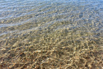 Clean transparent sea water, lake bottom and sand. Beautiful blue, turquoise transparent surface