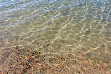 Clean transparent sea water, lake bottom and sand. Beautiful blue, turquoise transparent surface