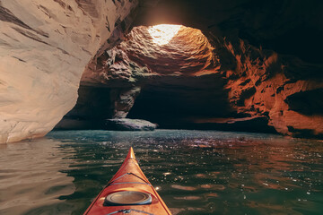 vue sur le bout d'un Kayak orange dans une grotte avec un trou au plafond lors d'une journée d'été