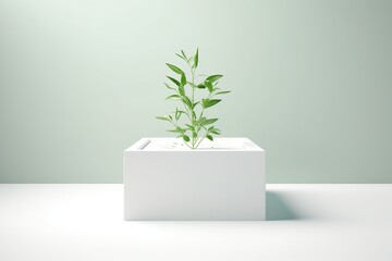 Small plant growing in a white cube,