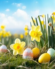 Easter eggs and daffodil flower on meadow, copy space - generative ai
