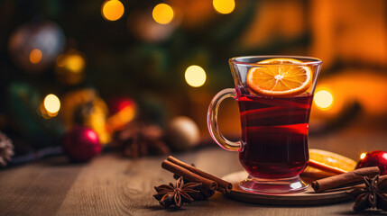 Obraz premium Hot spicy Christmas gluhwein, or mulled red wine with sugar and spices, served with cookies on rustic wood with a twinkling bokeh of party lights in background