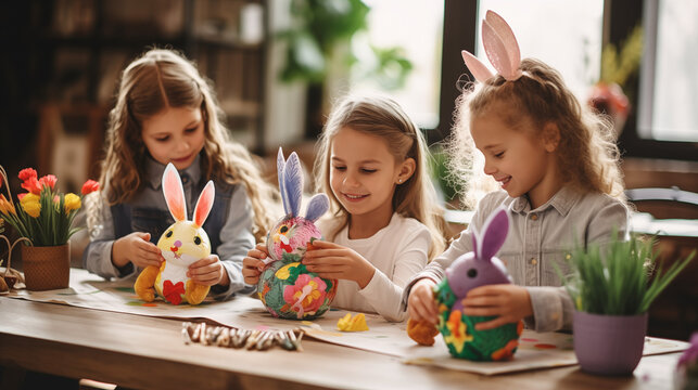 Young kids making crafts with easter eggs.
