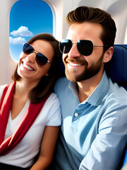 Happy tourist couple sitting on a seat  in an airplane