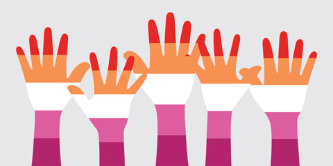 Silhouette of orange, white, and pink colored hands as the colors of the lesbian flag. Flat design illustration.