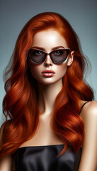 A beautiful portrait of a red-haired girl wearing stylish sunglasses. The portrait should capture her vibrant red hair and fashionable sunglasses.