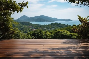 Wooden deck with a view of the sea and mountains
