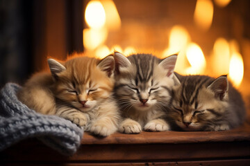 Little kittens sleep near fireplace. Christmas tree. Garlands. New Year`s background. Design. 