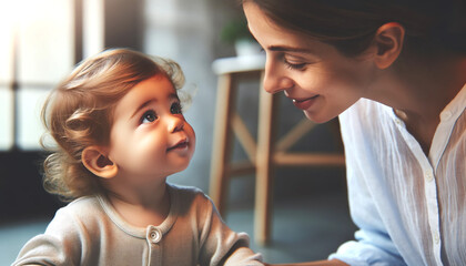  A mother and her son. A toddler looking at his mother. A tender and affectionate moment between a young child and his mother. Family.
