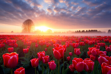 Field of tulips in the morning sun. Hello, Spring! Spring background. Wallpaper. Design.