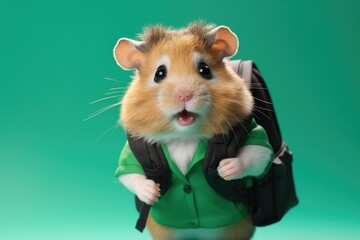 A schoolboy hamster with a backpack on green background. - obrazy, fototapety, plakaty