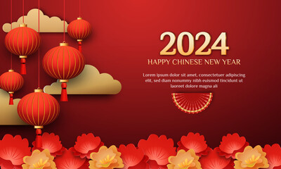 Chinese New Year 2024 3d background with lantern, red and gold flower, fan for banner, greeting card. (Chinese Translation: Chinese New Year)