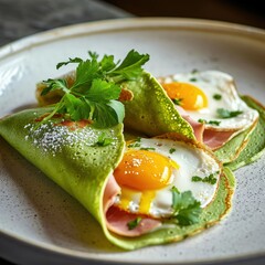 Green matcha tea pancakes with fried eggs are perfectly cooked, a runny yolk that oozes over the sides of the crêpes.