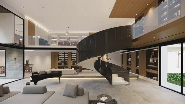 Interior Empty Modern Loft house open space .Living room and pantry kitchen. home office .duplex space interior .3D Rendering .