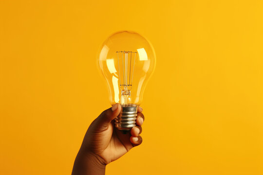 Creative new business solution ideas. Concept for successful invention brainstorm. Copy paste empty place for text. Horizontal banner with African American kid hand holding a glowing light bulb