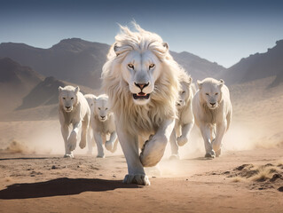 Motivational Monarch of the Sands: White Lion Leading His Pack with Pride, Strength and Courage in the desert landscape