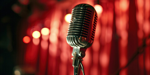 Beginning of the show adult entertainment advertisement. Close up stage vintage microphone on bar stage, copy paste place for text. Theatre cabaret comedy show opera music concert club standup scene. 