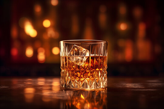 Alcohol drinks and beverages concept. Product commercial image of whiskey drink in transparent glass with ice cubes placed on table and illuminated with soft light