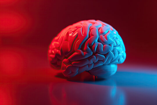 White plastic artificial human brain in red and blue light with copy space