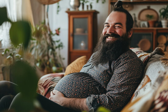 Celebrating diversity in parenthood pregnant man gender norms expanding the definition of family concept. Happy smiling pregnant transexual man with beard expectant trans father sitting in living room