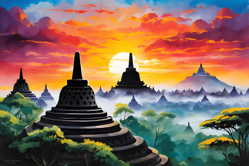 watercolor art design temple sunrise