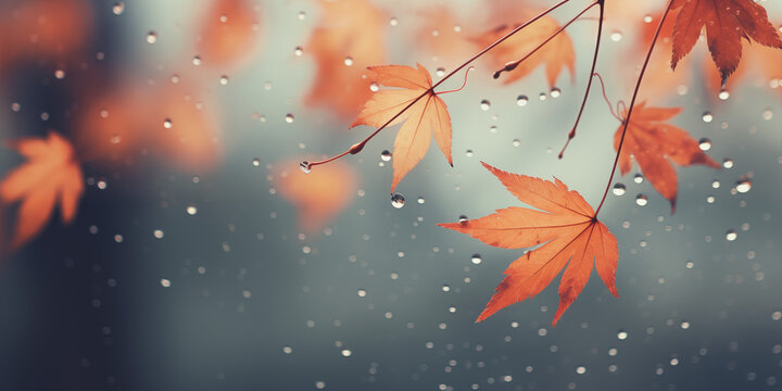 Red  maple autumn rainy weather on gray blurred background red maple leaf is on a rainy day Rainy autumn.AI Generative