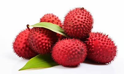 A Morang Fruit and a half cut Morang Fruit Fresh Lychee isolate on white background. Clipping path .Lychees Fresh fruit a lot of them are sold for sale in the market.AI Generative