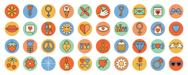 Groovy love 70s set. Retro sticker pack. Cartoon icons for Happy Valentine's, Women's, Mother's day