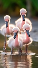 Four baby flamingos walking in water