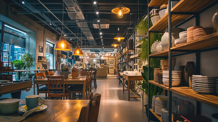 Interior of a modern department store, kitchenware and household goods.