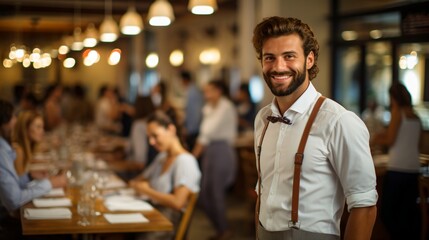Confident waiter standing in a busy restaurant