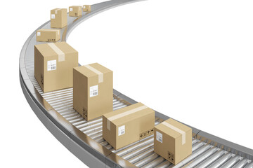 Closeup brown cardboard box package moving on conveyor belt, delivery, e-commerce, 3d rendering.