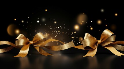 Glamorous Celebration on Black Background with Gold Ribbon and Glitter Elements, Perfect for Christmas and New Year Events, Stylish and Elegant Party Decor.