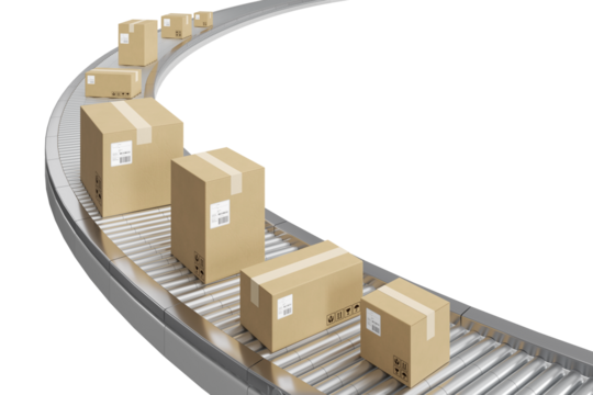 Closeup brown cardboard box package moving on conveyor belt, delivery, e-commerce, 3d rendering.