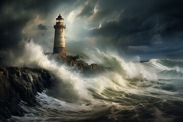 : A dramatic view of a stormy sea, with waves crashing against a solitary lighthouse on a rocky coastline during a tempest. - Powered by Adobe