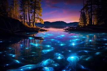 : A surreal image of a bioluminescent lake at night, with the water glowing in vibrant hues, creating a stunning display of natural beauty.