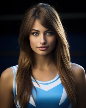 portrait of a beautiful young woman with long brown hair and blue eyes wearing a blue and white sports bra