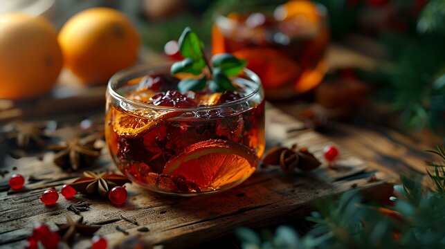 Citrus tea with cranberries and orange on a wooden background