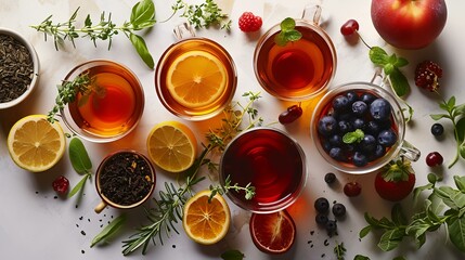Cups of tea with fruits and berries on the table, top view - obrazy, fototapety, plakaty