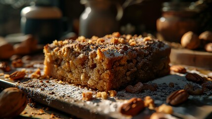 Piece of tasty homemade cake with walnuts on the table, closeup