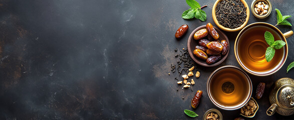 Enjoying Tea and Dates on a Dark Background