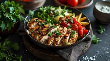 Grilled chicken breast with vegetables and sauce on a black background. - obrazy, fototapety, plakaty